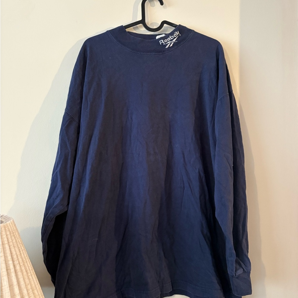 VINTAGE 90s Reebok Men's navy Blue mock neck Long Sleeve Tee Large